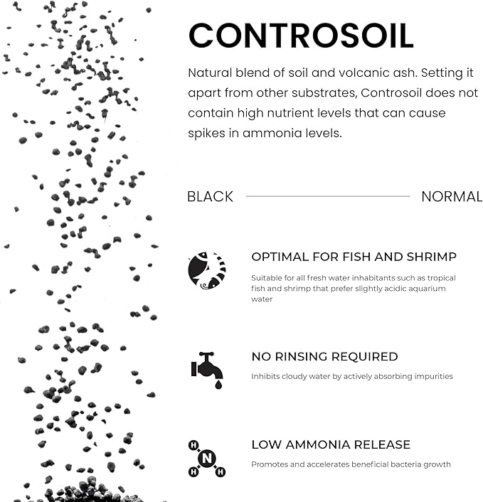 Ultum Nature Systems Controsoil - Freshwater Aqua Soil Substrate for Fish, Shrimp, Live Plant Propagation and Aquascaping - 6.8pH Low Ammonia, Volcanic Ash - Black, Normal (3 Liter | 6LB)