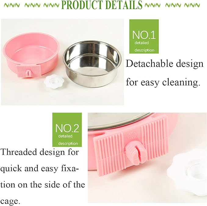 kathson Crate Dog Bowl, Removable Stainless Steel Hanging Pet Cage Bowl Food & Water Feeder Coop Cup for Cat, Puppy, Birds, Rats, Guinea Pigs 4pcs(2×Blue,1×Pink,1×Green)