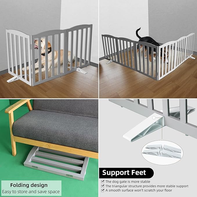 ZJSF Foldable Freestanding Indoor Dog Gate for House Wood Long Pet Gates Dog Fence for Stairs Puppy Gates for Hallways, Puppy Gate,Support Feet Included, Grey, 32 "Height-3 Panels