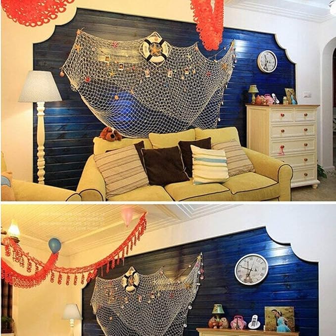 Nature Fish Net Wall Decoration with Shells, Ocean Themed Wall Hangings Fishing Net Party Decor for Pirate Party,Wedding,Photographing Decoration (Pink)
