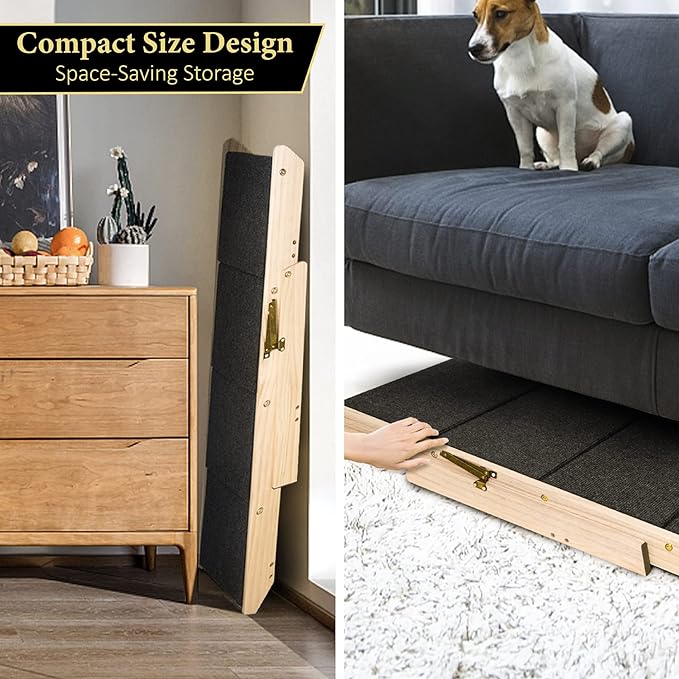 BRIKY 2-in-1 Dog Stairs/Ramp with 4 Steps, Foldable Dog Stairs for High Beds Cars Couch, Durable Wooden Pet Stairs for Small Medium Large Dogs, No Assembly Required