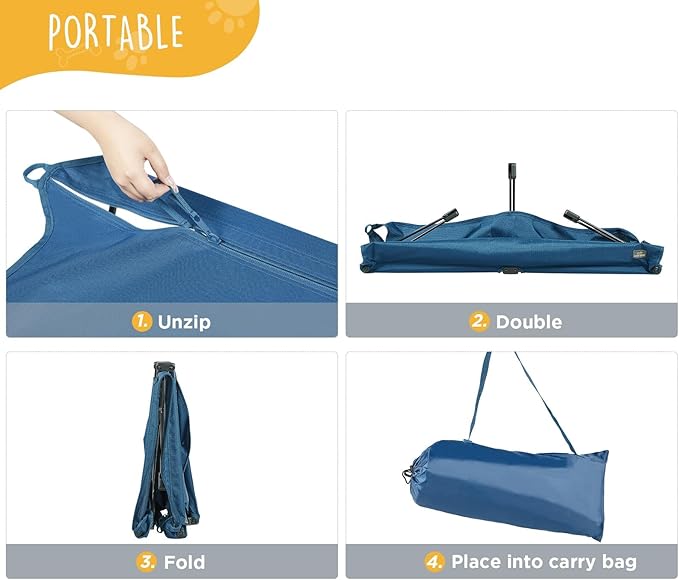 Folding Raised Dog Bed, Large Outdoor Elevated Dog Cot, Cooling Chew Proof Pet Cots Bed, Portable, Heavy Duty Up to 160 lbs, Pet Cot for Camping, Home, Dark Blue, 49"x33"x7"