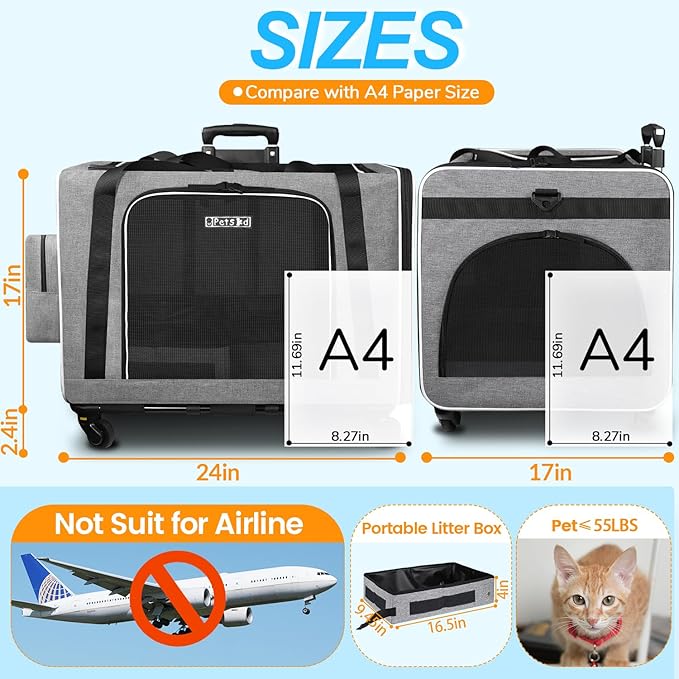 Petskd Extra Large Cat Carrier with Wheels and Litter Box 24"x17"x17" for Large Cat or 2 Small Cats, Collapsible Soft Sided Pet Carrier for Car Travel with Lockable Safety Zippers(Grey)
