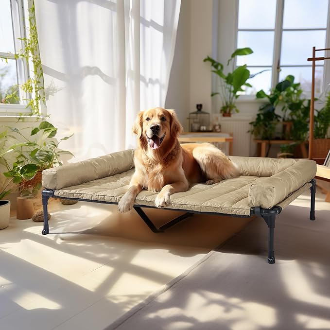 Veehoo Cooling Elevated Dog Bed Add Removable Waterproof Bolster Cushion Mat, Raised Pet Cot with Breathable Teslin Mesh, No-Slip Feet, Dog Couch Bed for Indoor Outdoor, 49x33inches, Beige, CWC2331B