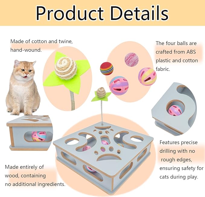 Interactive Wooden Cat Puzzle Toy Box Indoor Hunting Play Toy to Stimulate Your Cat’s Energy and Instincts (Blue)