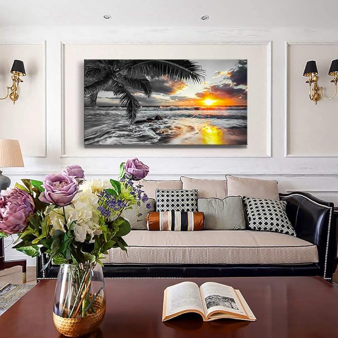 Yxbhhym-Black and White Wall Art Beach Décor Large Ocean Canvas Pictures Wave Sunrise Seascape Print Painting Palm Poster Sea Artwork for Office Wall Art Bedroom Accessories Living Room Décor
