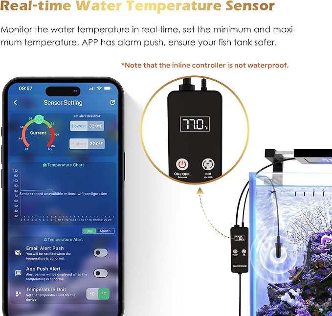 GLOWRIUM Saltwater Aquarium Light, Smart Reef Coral Fish Tank Light with Bluetooth + WiFi Dual Control App, DIY Spectrum, Brightness Adjustable, Anti-Drop, Real Time Water Temperature Sensor(36-48 in)