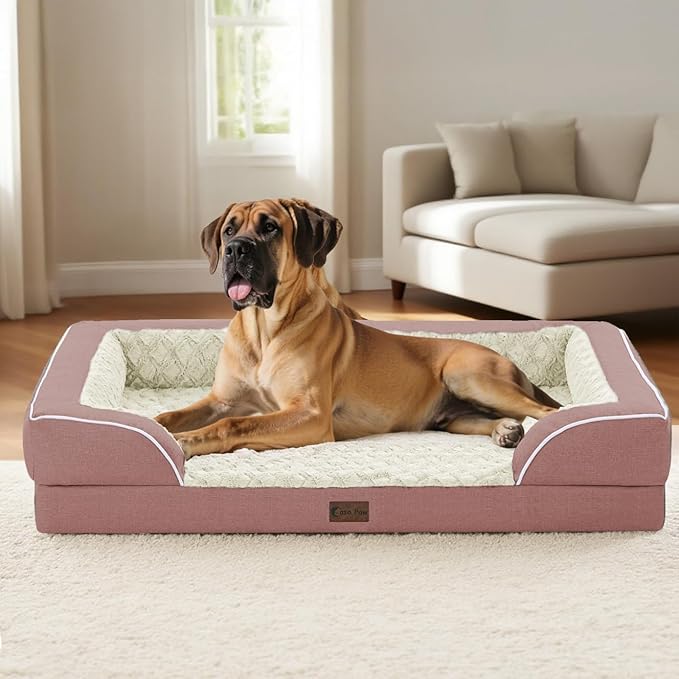 Orthopedic Waterproof Dog Bed for Extra Large Dogs, Memory Foam XL Dog Bed with Sides, Egg-Crate Foam and Non-Slip Bottom Jumbo Dogs Couch Beds with Washable Removable Cover(Jumbo,Pink)