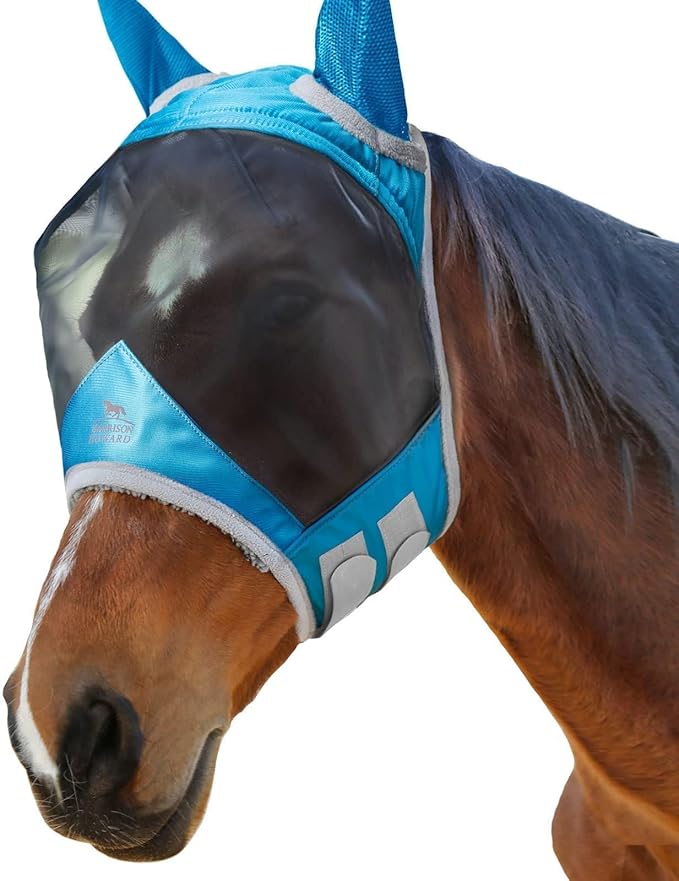 Harrison Howard CareMaster Pro Luminous Horse Fly Mask Large Eye Space Standard with Ears UV Protection for Horse Sky Blue Full Size