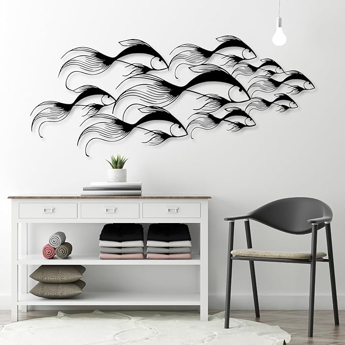 School of Fish Metal Wall Art, Metal Fish Wall Decor, Sea Life Wall Art, Large Nautical Wall Hanging, Modern Beach House Wall Decor, Ocean Themed Artwork for Bathroom (Black, 41"x18" | 105x45cm)