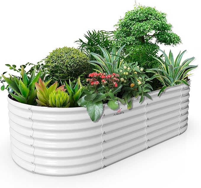 A ANLEOLIFE 8x4x2ft Galvanized Raised Garden Bed Kit, Oval Metal Deep Root Planters for Outdoor Plants Vegetables Flowers Herb, Large Bottomless, 478 Gallon Capacity- Antique White