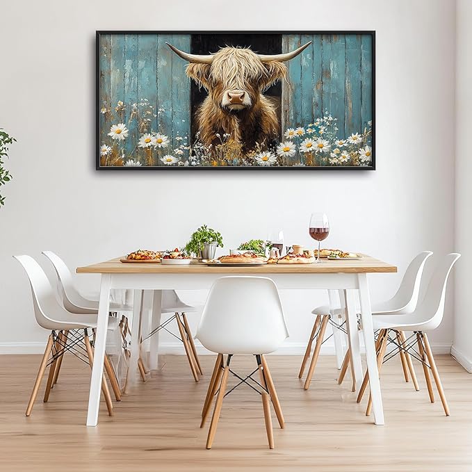 Large Farmhouse Highland Cow Country Wall Art for Living Room, Floral Canvas Oversized Wall Decor, Daisy Flower Animal Framed Pictures Painting Print Artwork for Bedroom Office 60"L x 30"W