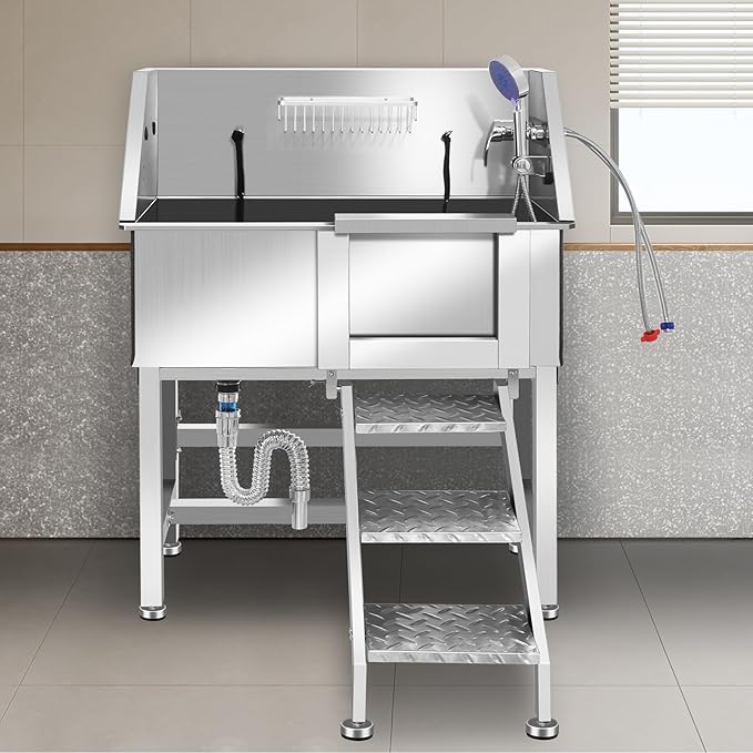 Stainless Steel Dog Washing Station for Large Dogs, Dog Grooming Tub for Home, Professional Dog Bathtub Bathing Station, Pet Wash Station, Dog Shower Tub with Stairs, Drain & Door,34" R-RAMP