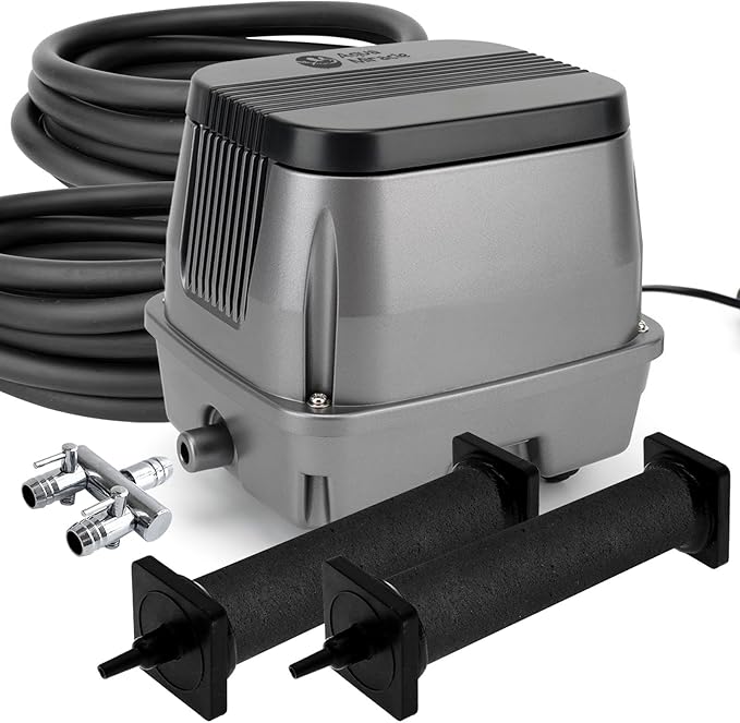 AquaMiracle All-in-1 Koi Pond Aeration Kit Pond Air Pump with Self-Sinking Airline Rubber Air Diffuser, Air Flow Control Pond Aerator for Outdoor Pond 5,000-10,000 Gallons