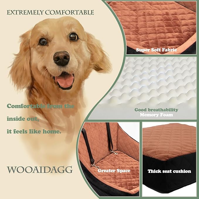 Dog Car Seat for Medium Dogs, Pet Travel Bed with Seat Belt Channel, Fully Detachable and Washable, 3 Straps Easy to Install (Green)