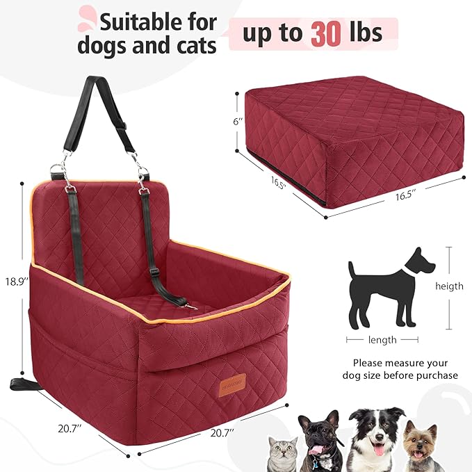 Dog Car Seat for Small Medium Dogs, Memory Foam Puppy Dog Booster Seat with Thick Cushion for Dogs Under 35lbs, Detachable Washable Pet Car Seat Travel Bed with Storage Pockets,2 Safety Belts
