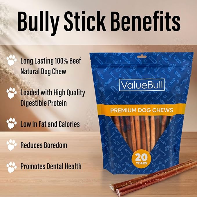 ValueBull Bully Sticks for Small Dogs, Thin 12 Inch, 200 Count Bulk Pack - All Natural, Grass Fed, Single Ingredient, Long Lasting Dog Treats