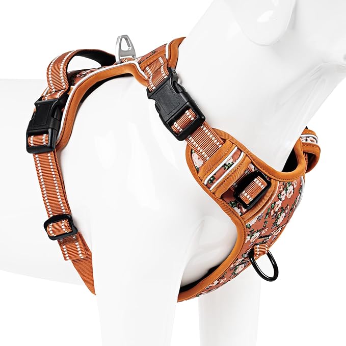 Timos Dog Harness for Large Dogs, No Pull Service Vest with Reflective Strips and Control Handle,No Choke Dog Harness with 2 Metal Rings for Easy Walking,Outdoor Training,Flower Orange, XL