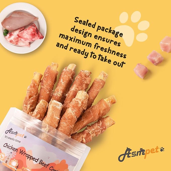 ASMPET Dog Treats Chews, Chicken Wrapped Beef Cartilage, Rawhide Free & Grain Free Dog Snacks 10.6 oz