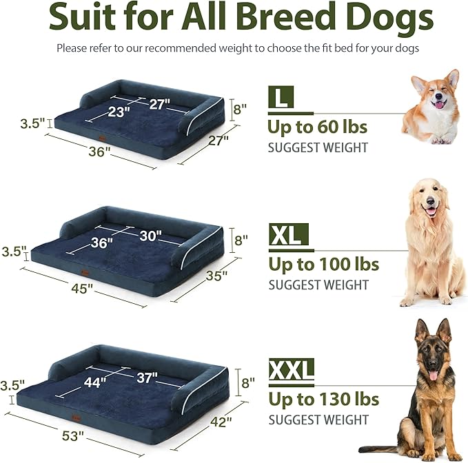 Orthopedic Dog Beds for Large Dogs, Waterproof Memory Foam Dogs Couch Beds, Comfy Bolster Pet Beds with Removable Washable Cover, Nonskid Bottom (Large,Navy Blue)