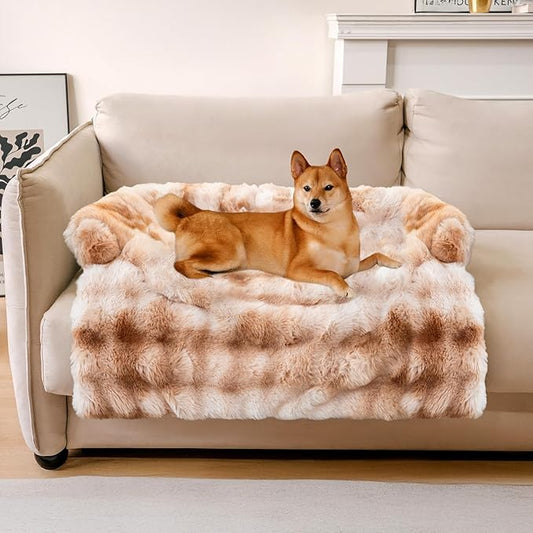FUNNY FUZZY Pet Fluffy Fuzzy Couch Cover, Calming Washable Dog Bed Sofa Protector Pets Mat for Small Medium Dogs and Cats (Tie-dye Brown,33.45 × 28.35 × 5.51 in)