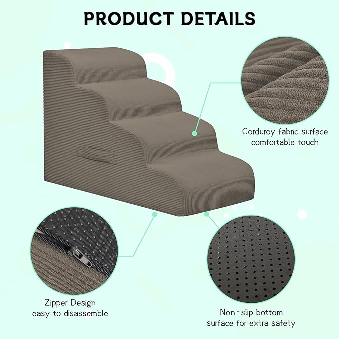 Dog Steps for Small Dogs, 4-Step Pet Ramp Stairs for High Beds and Sofa, Non-Slip Pet Stairs for Small Dogs and Cats, Removable and Easy to Clean Cover, Light Brown