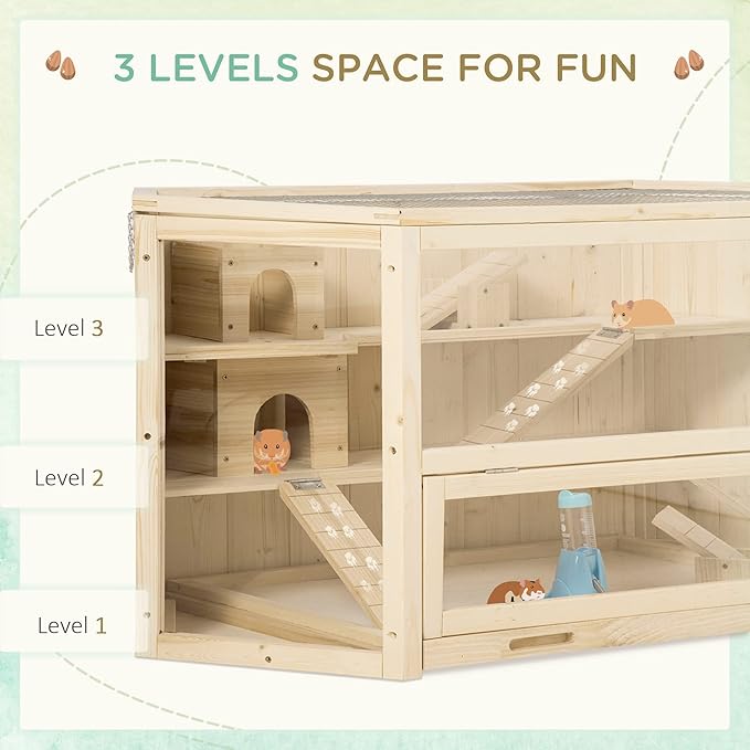 PawHut Wooden Large Hamster Cage Small Animal Exercise Play House 3 Tier with Tray, Seesaws, Water Bottle, Activity Center, Natural