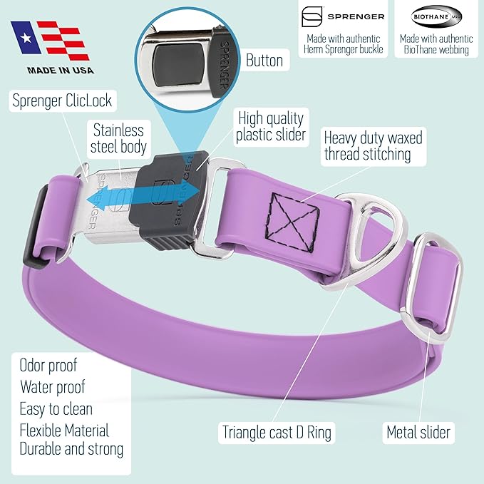 Dogline Biothane Waterproof Dog Collar with Herm Sprenger Black Stainless Steel Quick Release Buckle – Heavy Duty Tactical Durable Collar for Dogs – Comfortable, Safe Pet Collar W 1" L 15-25" Amethyst