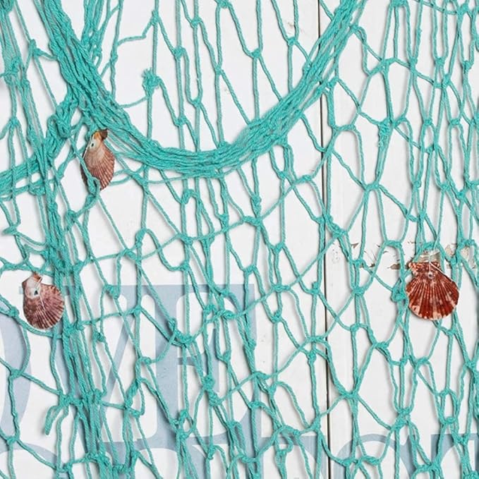 Nature Fish Net Wall Decoration with Shells, Ocean Themed Wall Hangings Fishing Net Party Decor for Pirate Party,Wedding,Photographing Decoration (2pack-Beige/Aqua)
