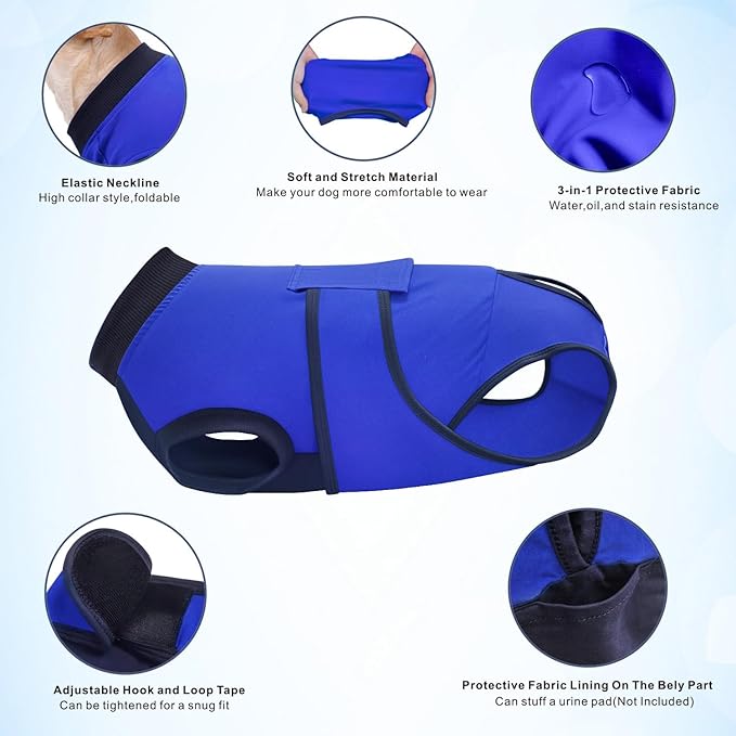 Idepet Dog Recovery Suit Female,Dogs Onesie Suit Surgery Male Breathable Pet Bodysuit for Spay Neuter E-Collar & Cone Alternative Surgical Suit Puppy Abdominal Anti Licking Wounds Shirt (Blue, M)