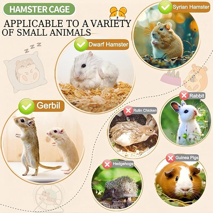 12 in 1 Clear Acrylic Hamster Cage with All Accessories,13.5''L*10''W*15''H Dwarf Hamster Cage,Magnetic Connection Small Hamster Enclosure,Wooden Mouse Cage for Pet Mice(2-Layer,Pink) Install Required