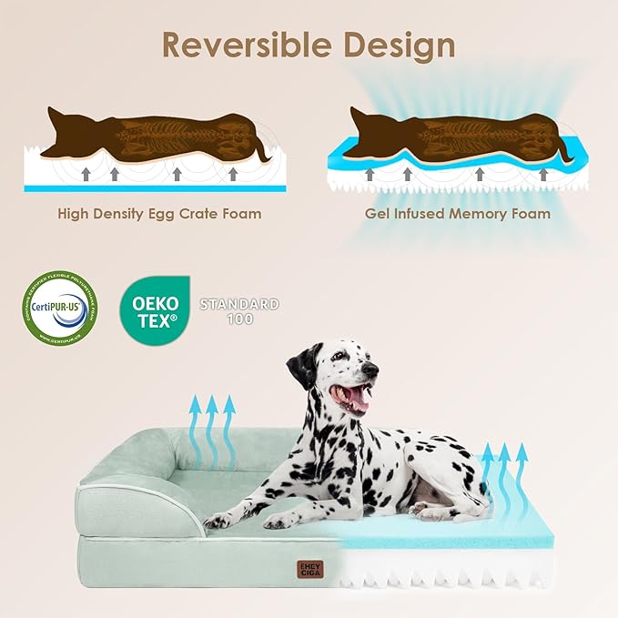 EHEYCIGA Orthopedic Dog Beds for Extra Large Dogs, Waterproof Memory Foam XL Dog Bed with Sides, Non-Slip Bottom and Egg-Crate Foam Big Pet Couch Bed with Washable Removable Cover, Sage Green