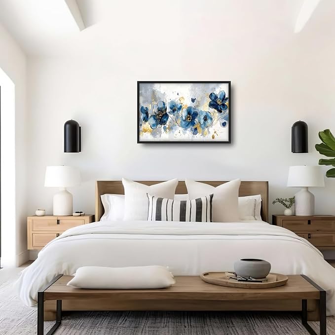 Extra Large Framed Abstract Blue Flower Wall Art,Oversized Golden Grey Floral Wall Decor Pictures for Living Room,Canvas Print Painting Modern Artwork Bedroom Office Bathroom Home Decor 36L" x 24W"