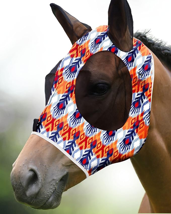 Harrison Howard Super Comfort Stretchy Fitting Horse Fly Mask with UV Protection Soft on Skin with Breathability Tribe Feather Cob (Medium)