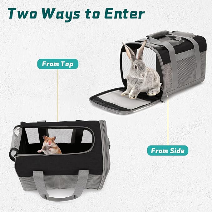 PINVNBY Bunny Carrier for Travel Camping Outdoor, Small Pet Carrier, Guinea Pig Carrier, Breathable Pet Portable Hand Bag for Hamster Bunny Guinea Pig（Black & Gray）