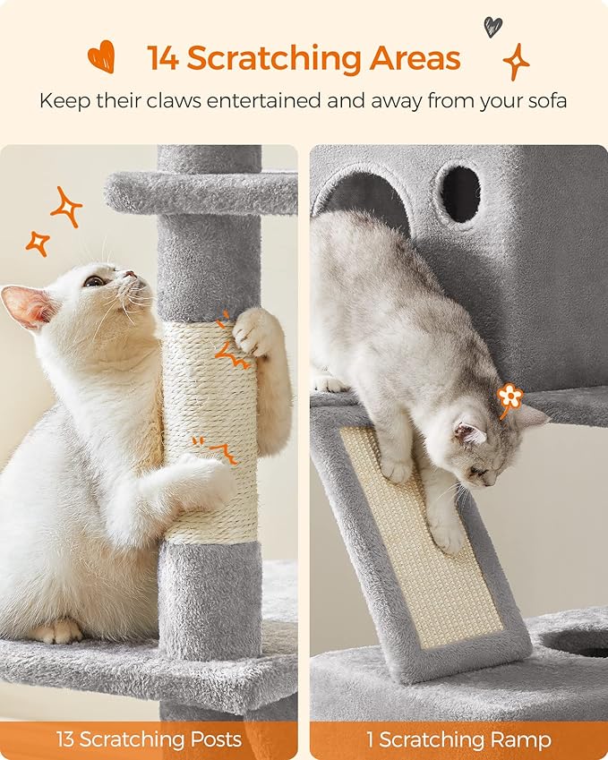 Feandrea Cat Tree, 81.1-Inch Large Cat Tower with 13 Scratching Posts, 2 Perches, 2 Caves, Basket, Hammock, Pompoms, Multi-Level Plush Cat Condo for Indoor Cats, Light Gray UPCT190W01