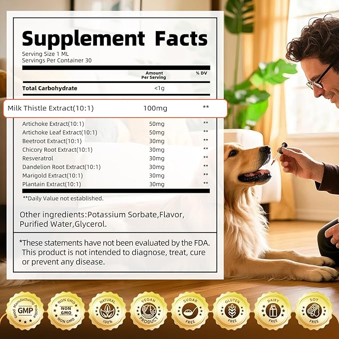 (2 Pack) Poppaw Milk Thistle for Dogs – 9-in-1 Liver & Kidney Support with Artichoke, Resveratrol, Marigold Extract, 100% Natural Detox Herbal Supplement, Chicken Flavor, 2 Oz