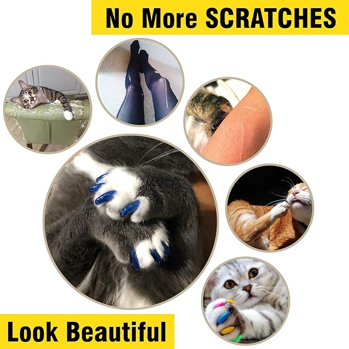 zetpo 100 pcs Cat Nail Caps | Cat Claw Covers | with Adhesives and Applicators (M, 5X Blue Glitter Shades)
