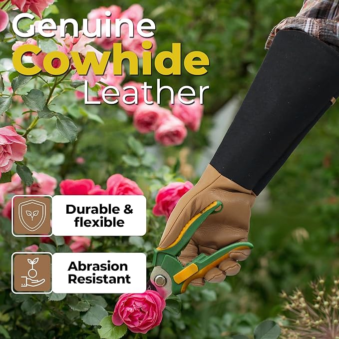 HANDLANDY Long Gardening Gloves for Men & Women, Cowhide Leather Rose Pruning Gloves, Breathable Thorn Proof Gauntlet Glove (Brown-Cowhide, XL)