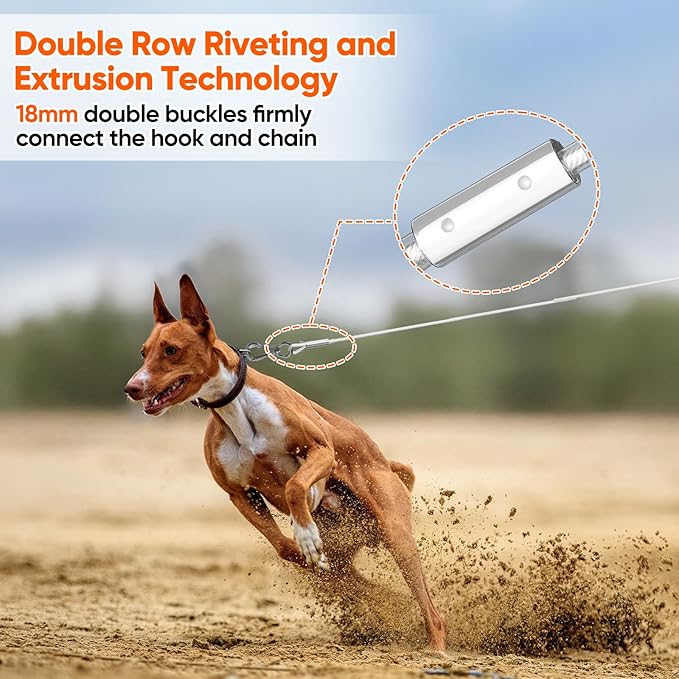 Tresbro 20FT Reflective Tie Out Cable for Dogs Up to 250 Pounds, Steel Wire Lead Leash Cable with Stainless Dual Fix Buckle, Lightweight and Enduring, Outdoor Dog Chains for Outside,Yard,Camping