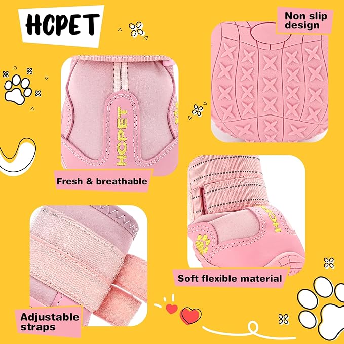 Hcpet Dog Shoes, Dog Boots for Large Dogs, Breathable Dog Booties Paw Protector for Summer Hot Pavement, Winter Snowy Day, Outdoor Walking, Indoor Hardfloors Anti Slip Sole Pink Size 7