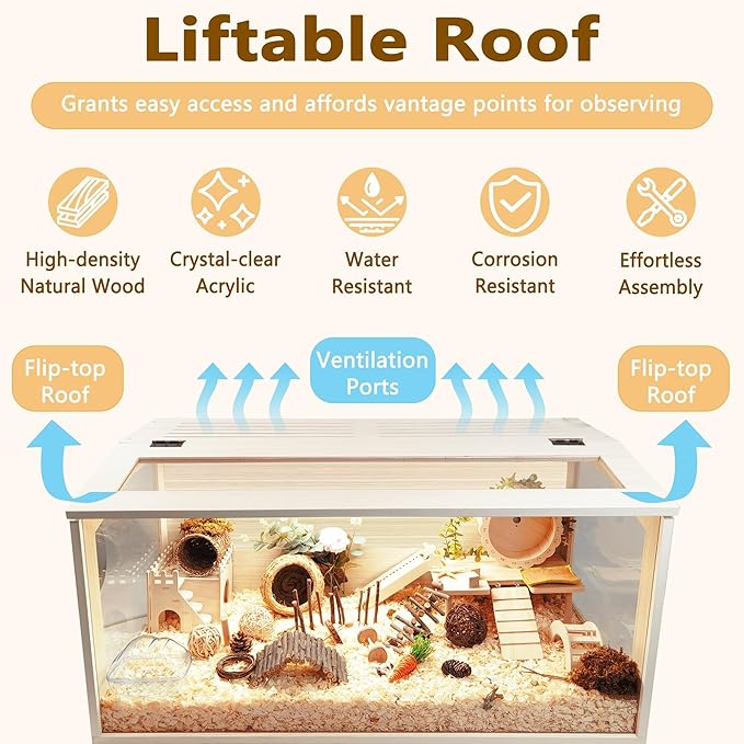 Prolee Hamster Cage with Legs Chew Proof Hamster Habitat Guinea Pig Cages, Hamster House, Hamster Cages and Habitats (32" L x 16" W x 40" H, Thick Wood Roof)