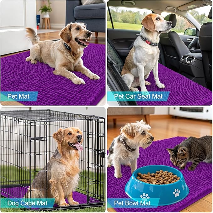 OLANLY Dog Door Mat for Muddy Paws 44x32, Absorbs Moisture and Dirt, Absorbent Non-Slip Washable Doormat, Quick Dry Chenille Mud Mat for Dogs, Entry Indoor Entryway Carpet for Inside Floor, Purple
