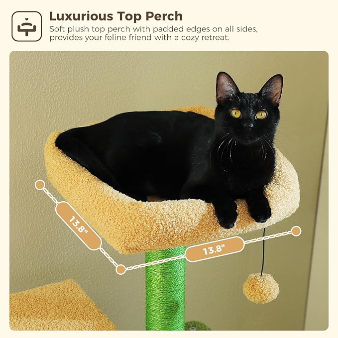 Cactus Cat Tree, 62-Inch Tall Multi-Level Cat Tower with Scratching Posts, Cat Condos for Large Indoor Cats, Plush Cat Bed w/Padded Perches, Scratching Pad & 2 Green Pompoms, Green