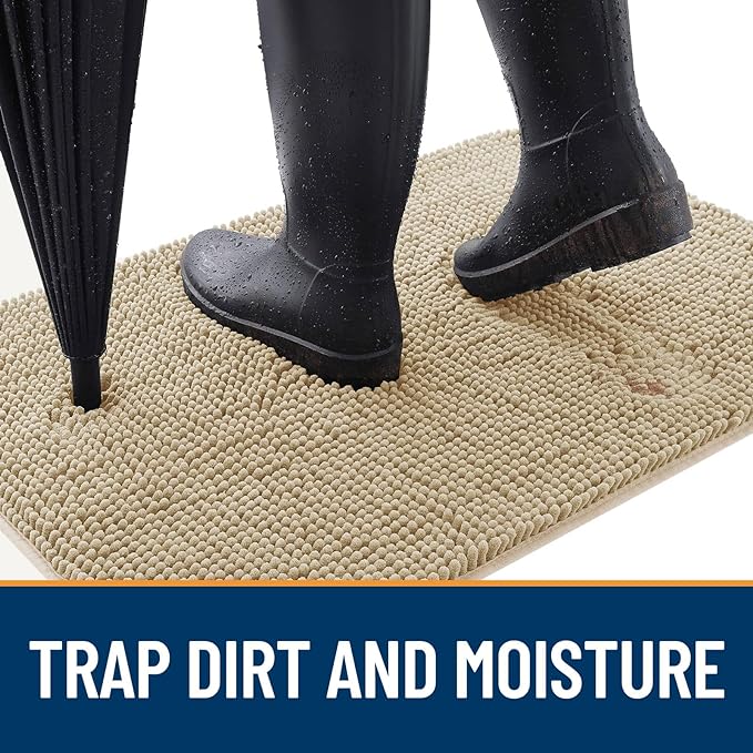 OLANLY Dog Door Mat for Muddy Paws 59x20, Absorbs Moisture and Dirt, Absorbent Non-Slip Washable Doormat, Quick Dry Chenille Mud Mat for Dogs, Entry Indoor Entryway Carpet for Inside Floor, Beige