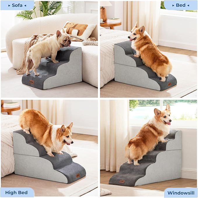 Dog Stairs for Small Dogs - Pet Stairs for Couch and Bed, 35D Foam Dog Steps Ramp with Non-Slip Bottom Beige, 3 Steps