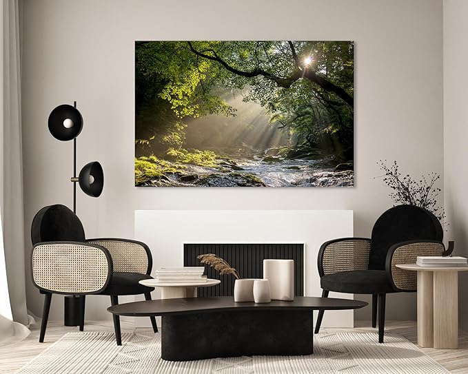 Nature Wall Art Prints - Ocean Forest Mountain Lake Canvas Landscapes - Small to Extra Large Living Room Bedroom Kitchen Bathroom Décor (Rocky River in the Woods, 35L" x 53W")