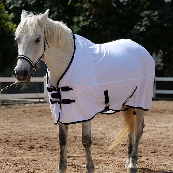 Horse Fly Sheet Equine Summer Sheets, Comfy Mesh Bug and Mosquito Protection Standard Neck - White 81"