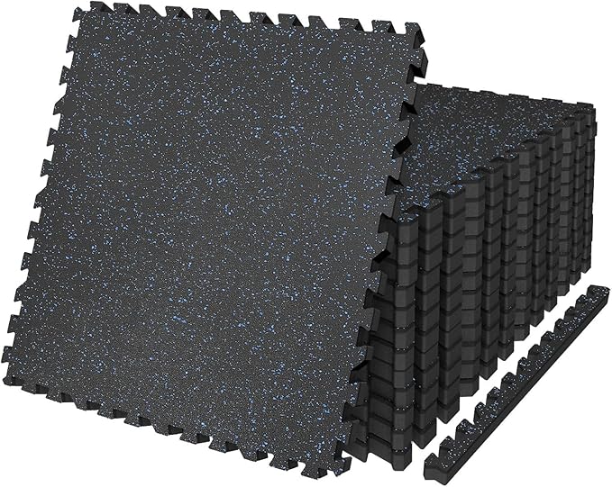 AIRHOP 0.79in Thick 48 Sq Ft Exercise Equipment Mats, 12 Tiles Upgraded Rubber Top with High Density EVA Foam, Large Interlocking Puzzle Gym Flooring for Home Gym, Heavy Weight Workout,Black & Blue