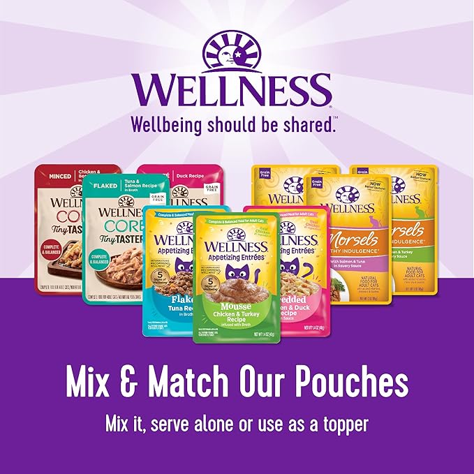 Wellness Healthly Indulgence Morsels Adult Wet Cat Food, Natural, Protein-Rich, Grain Free, 3 Ounce Pouch, 24 Pack, (Chicken & Salmon)
